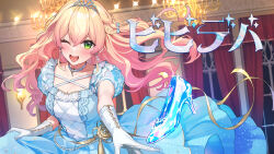 Rule 34 | 1girl, alternate costume, alternate hairstyle, bibbidiba (hololive), blonde hair, blue dress, braid, breasts, chandelier, choker, cleavage, commentary request, curtains, double-parted bangs, dress, dress flower, earrings, elbow gloves, fang, floating clothes, floating hair, flower, frilled dress, frilled gloves, frills, glass slipper, gloves, gold flower, gold ribbon, gradient hair, green eyes, heart, heart choker, highres, hitomyan, hololive, indoors, jewelry, juliet sleeves, large breasts, layered dress, long hair, long sleeves, looking at viewer, mini tiara, momosuzu nene, multicolored hair, one eye closed, open mouth, outstretched arm, pink hair, puffy sleeves, second-party source, sidelocks, single braid, smile, solo, teeth, throwing, translation request, upper body, upper teeth only, video thumbnail, virtual youtuber, white gloves