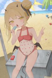 1girl absurdres asymmetrical_hair black_horns black_tail black_wings blonde_hair blue_archive commentary_request condom_box demon_girl demon_horns demon_tail demon_wings hair_bun halo highres horns ibuki_(anniversary_swimsuit)_(blue_archive) ibuki_(blue_archive) kocchi_(aether_yors) loli official_alternate_costume open_mouth pinky_out pointy_ears polka_dot polka_dot_swimsuit sexually_suggestive single_side_bun sitting solo swimsuit tail tongue tongue_out v wings yellow_eyes yellow_halo