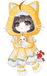 1girl absurdres animal_ear_hood animal_ears animal_print asymmetrical_legwear boots bow braid brown_eyes brown_hair capelet cat_ears cat_print character_doll cosplay deformed doll dress dress_bow expressionless eyelashes fake_ahoge fake_animal_ears frilled_capelet frilled_dress frilled_sleeves frills green_pantyhose hat highres holding holding_stuffed_toy hood hood_up hooded_dress infinity_nikki light_blush light_particles long_hair long_sleeves looking_ahead medium_dress mismatched_legwear momo_(nikki) momo_(nikki)_(cosplay) momo_rain_(infinity_nikki) nikki_(series) pantyhose pleated_dress pom_pom_(clothes) puffy_long_sleeves puffy_sleeves rainbow_print red_bow see-through_capelet see-through_clothes simple_background sleeves_past_wrists solo sparkle standing star_(symbol) star_print striped_clothes striped_dress striped_pantyhose stuffed_animal stuffed_cat stuffed_toy tareme triangle_mouth twin_braids vertical-striped_clothes vertical-striped_dress visor_cap white_background white_capelet white_hat yellow_boots yellow_dress yellow_pantyhose zhizhizhizhizhizong