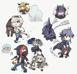 1other 2boys 6+girls :d ^_^ ahoge animal_ears arknights armband aurora_(arknights) black_coat black_gloves black_hair black_horns black_jacket blonde_hair blue_eyes blue_pants brown_eyes carrying carrying_over_shoulder carrying_person chair chibi chibi_only closed_eyes closed_mouth coat commentary crop_top cropped_jacket crownslayer_(arknights) degenbrecher_(arknights) doctor_(arknights) dot_mouth dot_nose elysiium english_commentary ethan_(arknights) expressionless eyewear_on_head feater_(arknights) fleeing gloves green_jacket grey_background grey_hair grey_jacket hair_over_one_eye heart highres holding holding_knife holding_weapon hood hood_up hooded_jacket horns jacket knife laqeramaline_(arknights) logos_(arknights) long_hair long_sleeves looking_back mask mechanical_arms meme midriff mouth_mask multicolored_hair multiple_boys multiple_girls navel ninja_mask one_eye_covered open_mouth orange_armband orange_hair outstretched_arms pants purple-tinted_eyewear purple_hair rhodes_island_stool_racing_competition_(meme) robot round_eyewear running short_hair simple_background sitting smile sparkle spread_arms stool streaked_hair sweatdrop tail tinted_eyewear turning_head veil very_long_hair weapon weedy_(arknights) yellow_eyes