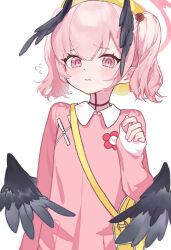 1girl alternate_costume bag bamyamsj blue_archive blush furrowed_brow halo hat head_wings highres kindergarten_uniform koharu_(blue_archive) looking_at_viewer low_wings multiple_wings pink_eyes pink_hair pink_halo pink_sweater school_bag school_hat shoulder_bag simple_background solo sweater twintails upper_body white_background wings
