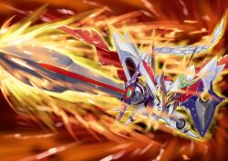 Rule 34 | alternate design, blue eyes, cape, chibi, fire, haou taikei ryuu knight, holding, holding shield, holding sword, holding weapon, mecha, mecha focus, no humans, red cape, robot, ryu paladin lord zephyr, shield, sword, weapon, yakisoba (kaz2113)
