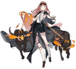1girl armpit_cutout black_cape black_shorts bull cape clothing_cutout collared_shirt eyewear_on_head full_body grey_necktie hair_flowing_over holding holding_leash horns leash leg_belt long_hair looking_at_viewer necktie offering_hand original pink_hair reaching reaching_towards_viewer shirt shorts sidelocks simple_background smoke_from_nose socks very_long_hair walking white_background white_shirt white_socks yellow_horns yoimon