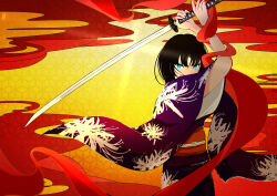 Rule 34 | 1girl, absurdres, black hair, floral print, floral print kimono, grey(user jswe7875), highres, holding, holding sword, holding weapon, japanese clothes, kara no kyoukai, katana, kimono, looking at viewer, mystic eyes of death perception, obi, print kimono, ryougi shiki, sash, serious, short hair, sword, weapon