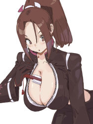 Rule 34 | 1girl, between breasts, black gloves, black jacket, black pants, blush, breasts, brown eyes, brown hair, cleavage, collarbone, commentary request, crop top, cropped jacket, fatal fury, fatal fury: city of the wolves, gloves, hair ornament, hand fan, high ponytail, highres, holding, holding fan, jacket, large breasts, long hair, long sleeves, looking at breasts, ooiwa (irc14786149), pants, parted bangs, parted lips, partially unzipped, ponytail, shiranui mai, solo, street fighter, street fighter 6, upper body, white background