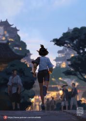 1girl black_hair black_shorts day from_behind highres jogging kan_liu_(666k) original outdoors people pointy_ears shirt shoes short_hair shorts solo_focus standing tree two-tone_shirt white_shirt