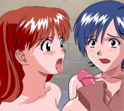 1boy 2girls animated asuka_(viper) blue_eyes blue_hair blush breasts brown_eyes brown_hair erection eyelashes facing_viewer hetero large_breasts lips long_hair looking_at_viewer lowres masturbation miki_(viper) multiple_girls nude open_mouth penis portrait rape shiny_skin short_hair tagme third-party_edit tongue tongue_out veins veiny_penis viper_(series) viper_ctr
