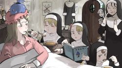 6+girls :d :o ^_^ bed bird black_hair blanket blonde_hair blowing blowing_on_food blue_eyes book bowl brown_eyes brown_hair closed_eyes clothes_hanger clothes_on_wall cloud clumsy_nun_(diva) commentary diva_(hyxpk) drawer drawing duck eating english_commentary finger_to_face flower food food_on_face freckles freckles_nun_(diva) froggy_nun_(diva) glasses glasses_nun_(diva) graffiti habit hair_flower hair_ornament hairclip hat heart heart-shaped_eyewear highres holding holding_book holding_bowl holding_spoon holding_tray ice_pack in_bed index_finger_raised indoors lily_(flower) little_nuns_(diva) looking_at_viewer mob_cap mole mole_under_eye mole_under_mouth mouth_hold multiple_girls nightcap nun nursing object_on_head on_bed open_door open_mouth opening_door original pajamas patch picture_frame pillow poster_(object) reading scissors sick silver_hair sky slice_of_life smile smug_nun_(diva) soup spicy_nun_(diva) spoon star_(symbol) star_nun_(diva) storybook strict_nun_(diva) thermometer tinted_eyewear traditional_nun tray tree under_covers vase wooden_door wooden_tray yellow_eyes