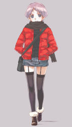 1girl ankle_boots belt_boots black_thighhighs blue_eyes boots female_focus fur_trim garter_straps grey_hair jacket nyaou original pencil_skirt scarf simple_background skirt solo thighhighs