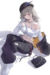 Rule 34 | 1girl, absurdres, alternate costume, armpit crease, baggy pants, belt, black bag, black belt, black hat, black jacket, black panties, black pants, closed mouth, clothes down, collarbone, commentary request, crop top, cropped shirt, crossed legs, grey hair, hand up, hat, highres, honkai: star rail, honkai (series), jacket, jewelry, long hair, long sleeves, looking at viewer, loose pants, navel, necklace, panties, pants, sasa (sasa ekakiman), shirt, shoes, single bare shoulder, single off shoulder, sitting, sneakers, solo, stelle (honkai: star rail), stomach, tied shirt, trailblazer (honkai: star rail), underwear, white shirt, white shoes, yellow eyes