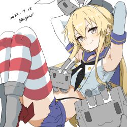Rule 34 | 1girl, absurdres, armpits, arms up, bigkwl, black neckerchief, black panties, blonde hair, blue sailor collar, blue skirt, closed mouth, commentary request, elbow gloves, gloves, grey eyes, hairband, highleg, highleg panties, highres, kantai collection, knees up, lifebuoy, long hair, looking at viewer, microskirt, neckerchief, panties, rensouhou-chan, rudder footwear, sailor collar, shimakaze (kancolle), shirt, simple background, skirt, smile, striped clothes, striped thighhighs, swim ring, thighhighs, underwear, white background, white gloves, white hairband, white shirt
