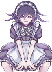 1boy alternate_costume apron black_dress bow bowtie checkered_bow checkered_bowtie checkered_clothes danganronpa_(series) danganronpa_v3:_killing_harmony dress enmaided feet_out_of_frame hair_between_eyes highres inukai_(inuuowoukai) legs_apart maid maid_headdress multicolored_hair oma_kokichi pink_eyes pink_hair puffy_short_sleeves puffy_sleeves short_sleeves simple_background sitting smile solo tongue tongue_out two-tone_hair waist_apron white_background