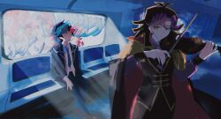 2boys ai_(yu-gi-oh!) alternate_form arm_at_side arms_up behind_another black_cape black_hair black_jacket black_pants black_vest blazer blue_necktie bow_(music) brown_eyes brown_shoes cape chair cherry_blossoms closed_eyes colored_bangs dappled_sunlight dress_shirt epaulettes facing_to_the_side fujiki_yusaku hand_on_own_leg highres holding holding_instrument holding_violin indoors instrument jacket light_particles looking_to_the_side loose_necktie male_focus military_jacket multiple_boys music necktie on_chair one-eyed open_clothes open_jacket pants playing_instrument purple_shirt screen0624 shirt shoes sleeping sunlight train train_interior untucked_shirt vest violin waistcoat white_shirt yu-gi-oh! yu-gi-oh!_vrains