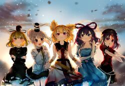 Rule 34 | 5girls, arm support, bare shoulders, belt, black belt, black bow, black bowtie, black dress, black hat, black ribbon, black skirt, blue dress, blue eyes, blue sky, blush, bow, bowtie, bracelet, breasts, buttons, clenched hand, closed mouth, cloud, cloudy sky, collarbone, collared vest, colored inner hair, commentary request, cowboy shot, crossed arms, dress, earmuffs, floating hair, flower, flying, frills, ghost tail, gold bracelet, gradient sky, green eyes, grey hair, hair ornament, hair rings, hair stick, hand up, hands in opposite sleeves, hat, hat ornament, hat ribbon, high ponytail, highres, itsumizu, japanese clothes, jewelry, jiangshi, juliet sleeves, kaku seiga, kariginu, leaf, long hair, long sleeves, looking at another, looking at viewer, mandarin collar, medium breasts, miyako yoshika, mononobe no futo, multicolored hair, multiple girls, neck ribbon, ofuda, ofuda on clothes, ofuda on head, open clothes, open mouth, open vest, outdoors, outstretched arms, pink flower, pink hair, pointy hair, ponytail, puffy short sleeves, puffy sleeves, purple eyes, purple hair, purple ribbon, red shirt, ribbon, sailor collar, shirt, short hair, short sleeves, skirt, sky, sleeveless, sleeveless dress, smile, soga no tojiko, standing, star (symbol), star hat ornament, sun symbol, sunset, sword, tate eboshi, touhou, toyosatomimi no miko, vest, visor cap, weapon, white dress, white vest, wide sleeves, wing collar, yellow sky, zombie pose