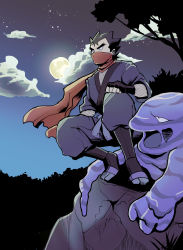 1boy black_eyes black_hair cloud creatures_(company) fingerless_gloves fishnet_top fishnets floating_scarf game_freak gen_1_pokemon gloves grey_jacket grey_pants highres jacket koga_(pokemon) makita_(mugitya3776) male_focus moon muk night nintendo orange_scarf outdoors pants pokemon pokemon_(creature) pokemon_lgpe rock scarf short_hair silhouette sky spiked_hair squatting tree