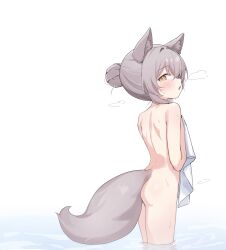 1girl animal_ears arsyky14 ass back blush completely_nude cowboy_shot from_side grey_hair grey_tail hair_bun highres holding holding_towel jaana_kettu looking_at_viewer nude original partially_submerged simple_background single_hair_bun solo standing tail towel water wet
