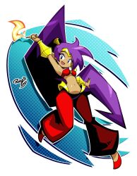 Rule 34 | 1girl, absurdres, bandeau, bare shoulders, blue eyes, breasts, dark-skinned female, dark skin, earrings, fire, genie, gold bracer, gold earrings, gold tiara, hand up, harem pants, high ponytail, highres, jewelry, long hair, medium breasts, navel, o-ring, o-ring top, open mouth, pants, pointy ears, ponytail, purple hair, pyrokinesis, red pants, red shoes, rotze, shantae, shantae (series), shoes, smile, solo, very long hair