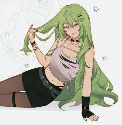 1girl alternate_costume black_choker black_gloves black_nails black_pantyhose breasts camisole choker cleavage earrings fingerless_gloves gloves green_hair green_skirt grey_camisole hashtag-only_commentary honkai_(series) honkai_impact_3rd jewelry large_breasts long_hair looking_at_viewer lying midriff mobius_(honkai_impact) navel on_side pantyhose parted_lips rena_(_rrena) simple_background skirt slit_pupils solo very_long_hair zoom_layer