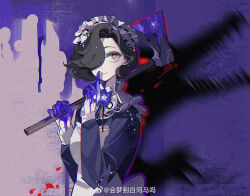 Rule 34 | 1girl, apron, axe, black hair, black ribbon, different shadow, dress, finger to mouth, flower, hair over one eye, highres, hl (iamawhitehippo), holding, holding axe, index finger raised, looking at viewer, maid, maid headdress, neck flower, neck ribbon, one eye covered, over shoulder, paint on hands, purple background, purple dress, purple eyes, purple flower, reverse:1999, ribbon, short hair, smile, solo, splatter background, tuesday (reverse:1999), upper body, watermark, weapon, weapon over shoulder, weibo watermark, white apron