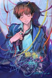Rule 34 | 1boy, adjusting clothes, arm up, black necktie, bouquet, brown hair, closed eyes, collared shirt, commentary, dated, english commentary, eyelashes, flower, formal clothes, happy birthday, heart, highres, ikari shinji, jacket, jie deng, lapels, layered sleeves, long sleeves, male focus, necktie, neon genesis evangelion, notched lapels, open clothes, open collar, open jacket, pinstripe pattern, pinstripe shirt, rose, shirt, short hair, smile, solo, streamers, suit jacket, teeth, white shirt, wing collar, yellow flower, yellow rose