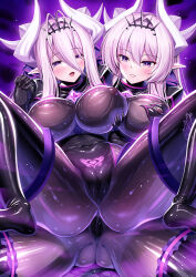 2girls alternate_breast_size ass black_bodysuit bodysuit breasts cameltoe corruption covered_erect_nipples covered_navel dark_persona exs-tia gloves impossible_bodysuit impossible_clothes interlocked_fingers iro_ame_(amewaagada) kouyoku_senki_exs-tia large_breasts latex latex_bodysuit latex_gloves latex_legwear light_particles multiple_girls no_shoes open_mouth pink_hair pointy_ears pubic_tattoo purple_eyes shiny_clothes skin_tight slit_pupils sparkle tattoo
