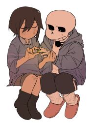 1boy 1other black_boots black_shorts blue_jacket blush boots brown_hair brown_shorts closed_eyes collared_shirt frisk_(undertale) full_body grey_shirt hand_grab highres jacket jewelry leg_warmers minominoks red_slippers ring sans_(undertale) shirt short_hair shorts simple_background sitting skeleton slippers small_sweatdrop striped_clothes striped_sweater sweater undertale white_background white_shirt