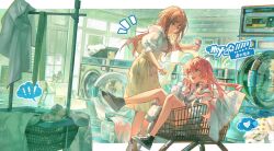 2girls bang_dream! bang_dream!_it&#039;s_mygo!!!!! black_shoes blue_eyes brown_hair brown_skirt cang_(akaga204) chihaya_anon chinese_commentary commentary_request fang grey_eyes headphones headphones_around_neck heart highres in_shopping_cart indoors laundromat laundry laundry_basket long_hair multiple_girls nagasaki_soyo open_mouth pink_hair ship_name shirt shoes shopping_cart sidelocks skirt spoken_heart teeth upper_teeth_only washing_machine white_shirt window_blinds