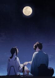1boy 1other absurdres ahoge alcohol androgynous black_hair black_hakama blue_kimono bottle bracelet braid cup dango fate/samurai_remnant fate_(series) food from_behind full_moon hair_intakes hakama highres holding holding_cup japanese_clothes jewelry kimono miyamoto_iori_(fate) moon night night_sky ninjin_(ne_f_g_o) sakazuki sake sake_bottle sanbou sidelocks single_braid sitting sky sword sword_on_back toasting_(gesture) topknot tsukimi tsukimi_dango wagashi weapon weapon_on_back yamato_takeru_(fate)