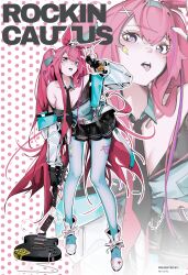 absurdres animal_ears aqua_nails arknights bare_shoulders bent_over breasts cleavage collarbone commentary_request electric_guitar guitar highres instrument khrnnfz layered_clothes long_hair looking_at_viewer miniskirt nail_polish open_mouth polka_dot polka_dot_background ponytail rabbit_ears rabbit_girl ray_(arknights) ray_(dreaming_high)_(arknights) red_hair skirt tongue tongue_out v