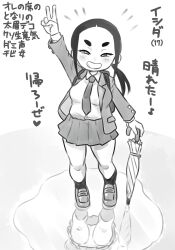 1girl forehead greyscale grin highres ishida_(tsubasa_(godbardtsubasa)) monochrome original panties pantyshot ponytail puddle reflection school_uniform smile solo thick_eyebrows translated tsubasa_(godbardtsubasa) umbrella underwear v