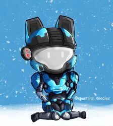 1girl animal_ear_headwear armor artist_name assault_visor catherine-b320 chibi commentary english_commentary fake_animal_ears glowing halo:_reach halo_(series) helmet mechanical_arms power_armor single_mechanical_arm sitting snow snowing solo spartans_doodles