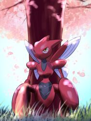 against_tree blurry blurry_foreground bug cherry_blossoms claws colored_skin falling_petals gen_2_pokemon grass highres nintendo outdoors petals pokemon pokemon_(creature) red_skin redamber334 scizor solo tree
