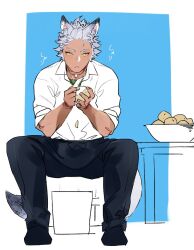 1boy animal_ear_fluff animal_ears apron blue_background bowl commentary_request full_body grey_hair holding jack_howl male_focus peeling potato shi646 shirt short_hair sitting table tail twisted_wonderland waist_apron wolf_boy wolf_ears wolf_tail yellow_eyes