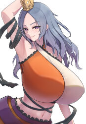 1girl arm_ribbon arm_up armpits bare_shoulders belt breasts chirizuka_ubame commentary_request grey_hair headpiece highres huge_breasts long_hair looking_at_viewer midriff navel orange_tank_top purple_belt purple_eyes rh_thunderriver ribbon simple_background skirt smile solo standing tank_top teeth touhou two-tone_tank_top white_background white_tank_top yellow_skirt