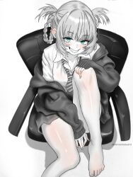 1girl artist_name bare_legs barefoot blue_eyes braid braided_hair_rings chair collared_shirt commentary_request diagonal-striped_clothes diagonal-striped_necktie foot_out_of_frame grin hair_rings hand_on_own_knee harutoyumaarts highres hood hoodie knee_up looking_at_viewer nanakusa_nazuna_(yofukashi_no_uta) necktie off_shoulder office_chair partially_colored school_uniform shirt simple_background sitting sleeves_past_wrists smile solo striped_clothes swivel_chair twintails twitter_username white_background yofukashi_no_uta