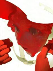 Rule 34 | 1girl, 1other, chin strap, colored skin, gtsleep1200, hat, highres, holding, holding ribbon, melting, original, out of frame, parted lips, portrait, red hair, red skin, ribbon, watermark, white background, white hat