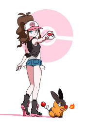 1girl absurdres aqua_eyes black_vest boots brown_hair closed_mouth commentary_request enzan_(midori_t0905) exposed_pocket gen_5_pokemon hat high_ponytail highres hilda_(pokemon) holding holding_poke_ball long_hair nintendo outstretched_arm poke_ball poke_ball_(basic) pokemon pokemon_(creature) pokemon_bw ponytail shirt short_shorts shorts sidelocks sleeveless sleeveless_shirt socks standing tepig vest white_hat white_shirt