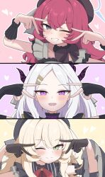 3koma alternate_costume black_eyes blonde_hair blue_archive blush choker comic cosplay double_v fingerless_gloves frilled_choker frills gloves green_eyes highres hina_(blue_archive) idol iroha_(blue_archive) koucha_(sr4ez) mari_(blue_archive) mari_(blue_archive)_(cosplay) mari_(idol)_(blue_archive) mine_(blue_archive) mine_(idol)_(blue_archive) mine_(idol)_(blue_archive)_(cosplay) one_eye_closed professor_niyaniya_(blue_archive) purple_eyes red_hair sakurako_(blue_archive) sakurako_(blue_archive)_(cosplay) sakurako_(idol)_(blue_archive) twitter upper_body v v_over_eye white_hair