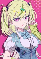 1girl absurdres breasts bridal_gauntlets green_hair hair_between_eyes hair_ornament heaven_burns_red highres large_breasts long_hair mochizuki_kei_(style) multicolored_hair ooshima_isuzu red_eyes shirt solo two_side_up white_shirt wobusilengna