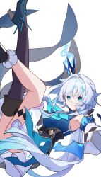 Rule 34 | 1girl, absurdres, armpits, bare shoulders, blue dress, blue eyes, blue hair, breasts, cerydra (honkai: star rail), closed mouth, crown, dress, floating, full body, gloves, gun, hair ornament, highres, holding, holding weapon, honkai: star rail, honkai (series), long hair, looking at viewer, polearm, simple background, single thighhigh, sleeveless, solo, thighhighs, weapon, white background, white hair, xixuan z