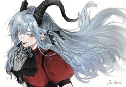 1girl arknights bang_dream! bang_dream!_it&#039;s_mygo!!!!! black_horns black_ribbon chinese_commentary commentary_request curled_horns demon_girl demon_horns ear_piercing fang floating_hair gloves grey_gloves hair_ribbon highres horns long_hair oblivionis_(bang_dream!) open_mouth piercing ribbon simple_background siy_(shengxiu760722) solo teeth togawa_sakiko upper_teeth_only white_background yellow_eyes