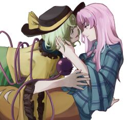 2girls black_hat bow bowtie expressionless eyeball frilled_shirt_collar frilled_sleeves frills green_eyes green_hair green_skirt hand_on_another&#039;s_face hat hat_ribbon hata_no_kokoro highres im_mo komeiji_koishi multiple_girls orange_skirt pink_eyes pink_hair plaid_clothes plaid_shirt purple_bow purple_bowtie ribbon shirt skirt third_eye touhou white_background wide_sleeves yellow_ribbon yellow_shirt yuri