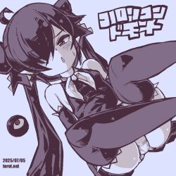 1girl :o ahoge backbeako_(torotei) backbeard blue_background blue_theme blush breasts commentary dated dated_commentary dress dutch_angle elbow_gloves feet_out_of_frame gegege_no_kitarou gloves hair_over_one_eye hair_ribbon kono_lolicon_domome long_hair looking_at_viewer monochrome neckerchief one_eye_closed open_mouth original paid_reward_available panties pantyshot petite pointy_ears ribbon simple_background sitting skindentation sleeveless small_breasts solo sweatdrop thighhighs torotei translated twintails underwear watermark web_address