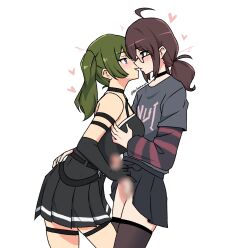 1boy 1girl ahoge artist_self-insert bare_shoulders black_choker black_dress black_thighhighs blur_censor breasts brown_hair censored choker dress flat_chest green_hair grey_shirt grey_skirt hand_on_another&#039;s_ass handjob heart highres imminent_kiss large_breasts leaning_forward long_hair looking_at_another medium_hair original pleated_skirt purple_eyes shirt skirt sleeveless sleeveless_dress sousou_no_frieren standing the_freakin_yui thighhighs trap twitter_username ubel_(sousou_no_frieren) zettai_ryouiki