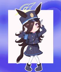 Rule 34 | 1girl, :&lt;, alternate costume, animal ears, armband, black hair, blue archive, cosplay, full body, gloves, halo, hat, heppokottmg, highres, hikari (blue archive), hikari (blue archive) (cosplay), horse girl, iwami manaka, long hair, looking at viewer, pantyhose, purple eyes, rice shower (umamusume), solo, standing, umamusume, voice actor connection