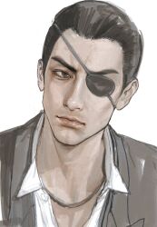 1boy aged_down black_hair black_jacket brown_eyes collarbone collared_shirt expressionless eyepatch hair_slicked_back highres jacket jewelry looking_at_viewer majima_goro male_focus necklace one_eye_covered portrait ryuu_ga_gotoku_(series) shirt short_hair simple_background solo v-shaped_eyebrows very_short_hair white_background white_shirt yoon_nov