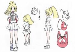 1girl backpack bag blonde_hair braid concept_art dress green_eyes lillie_(pokemon) long_hair looking_at_viewer multiple_views nintendo official_art open_mouth pink_bag pokemon pokemon_sm ponytail shoes simple_background smile solo stuffed_toy white_background white_dress white_shoes