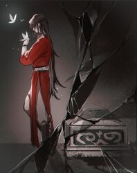 Rule 34 | 1boy, absurdres, belt, black boots, black hair, boots, bracer, broken glass, bug, butterfly, butterfly on hand, chinese clothes, coffin, crack, cracked glass, from side, full body, glass, gloves, glowing butterfly, hand up, hanfu, highres, hua cheng, insect, korean commentary, long hair, long sleeves, male focus, pants, red hanfu, solo, standing, tianguan cifu, very long hair, white butterfly, white pants, young57440489