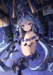 1girl absurdres armor armored_boots bikini_armor black_gloves blue_hair boots breasts bubble cannon cleavage collarbone commentary dragon_girl dragon_horns dragon_tail energy energy_cannon flying gloves hair_between_eyes hair_intakes headpiece highres horns kanan_ria large_breasts long_hair looking_at_viewer mecha_musume mechanical_tail missile_pod night night_sky partially_fingerless_gloves purple_eyes rhine_(starward) sky solo star_(sky) starward tail thighs twintails very_long_hair weapon