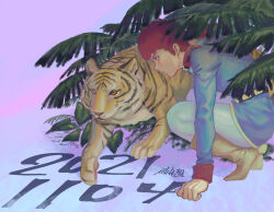 1boy amuro_ray animal blue_jacket boots brown_boots brown_hair closed_mouth commentary dated english_commentary from_side gundam highres ishida_6610 jacket looking_ahead male_focus mobile_suit_gundam palm_leaf solo squatting tiger yellow_eyes
